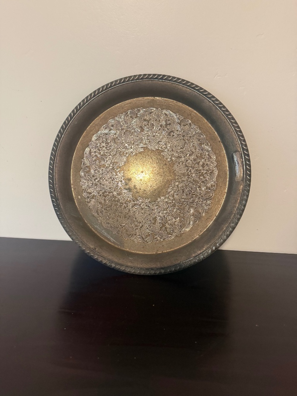 Vintage Silver Plate Serving Tray Round 12"Chased Floral Scroll Pattern Rope Rim